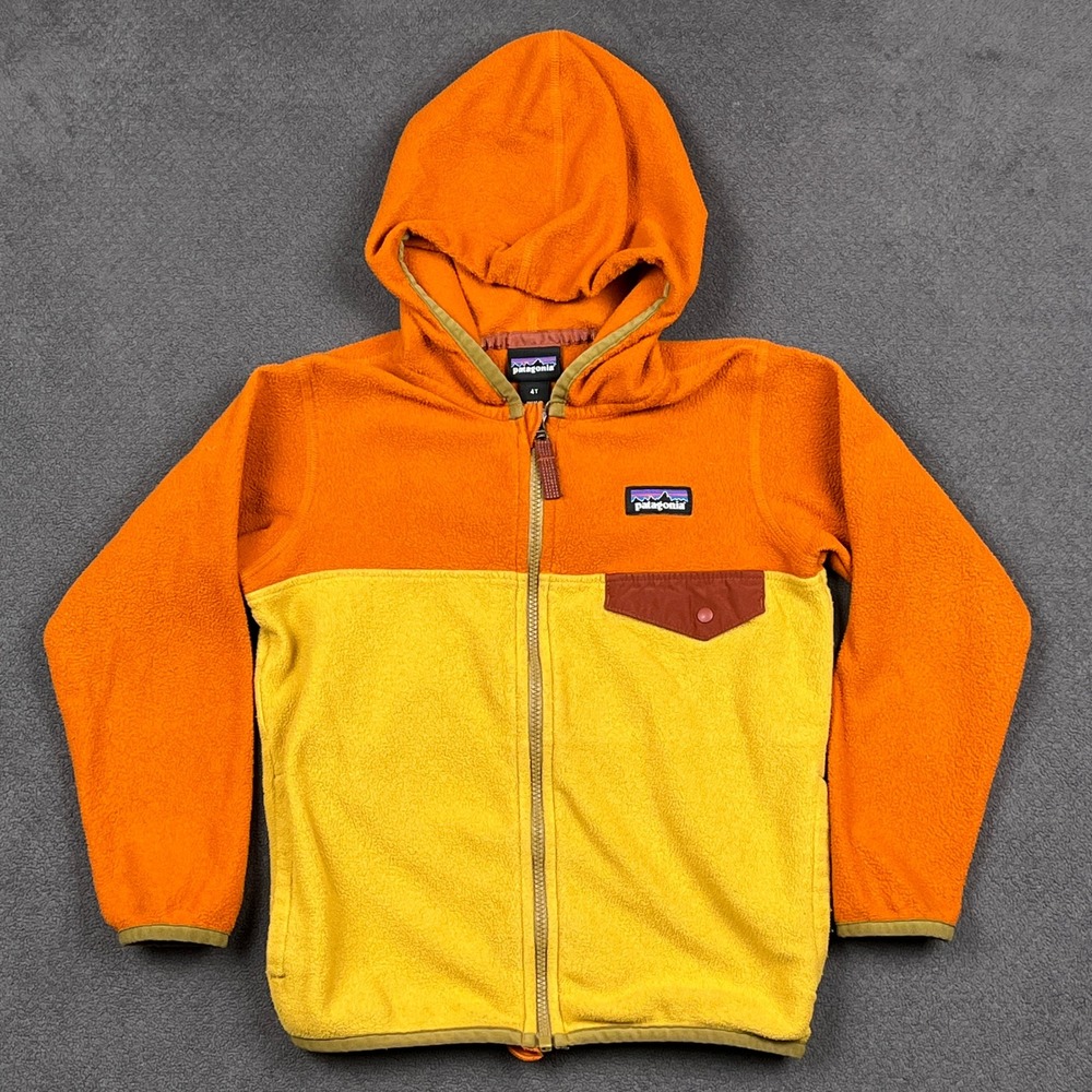 Patagonia Micro D Snap-T Jacket Kids 4T Orange Yellow Fleece Full Zip Hood 60155